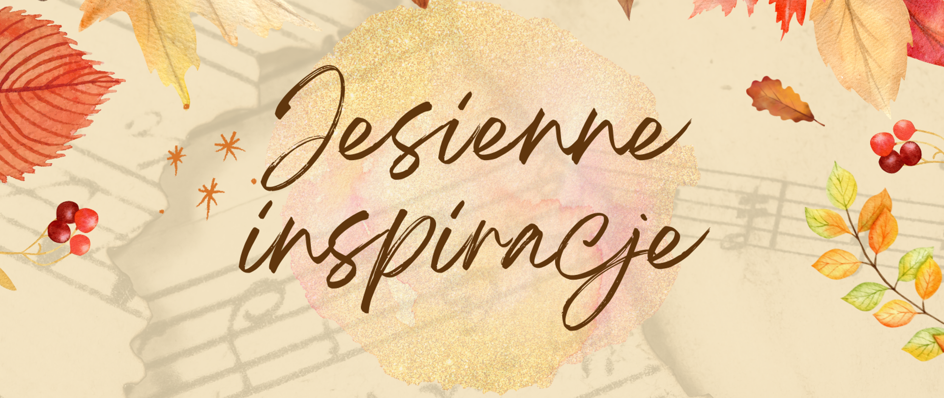 Napis Jesienne inspiracje na tle nut i jesiennych liści.