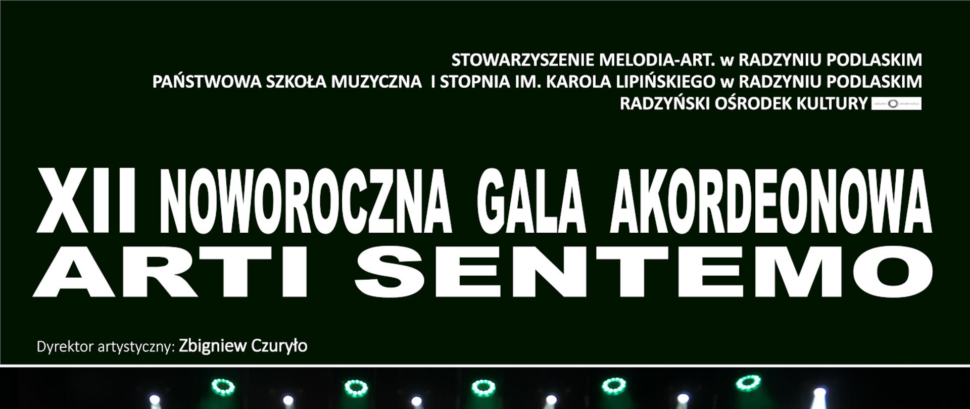 Plakat w ciemnych kolorach przedstawiający zdjęcie z koncertu, w tle wizualizacja przedstawiająca wnętrza muzeum