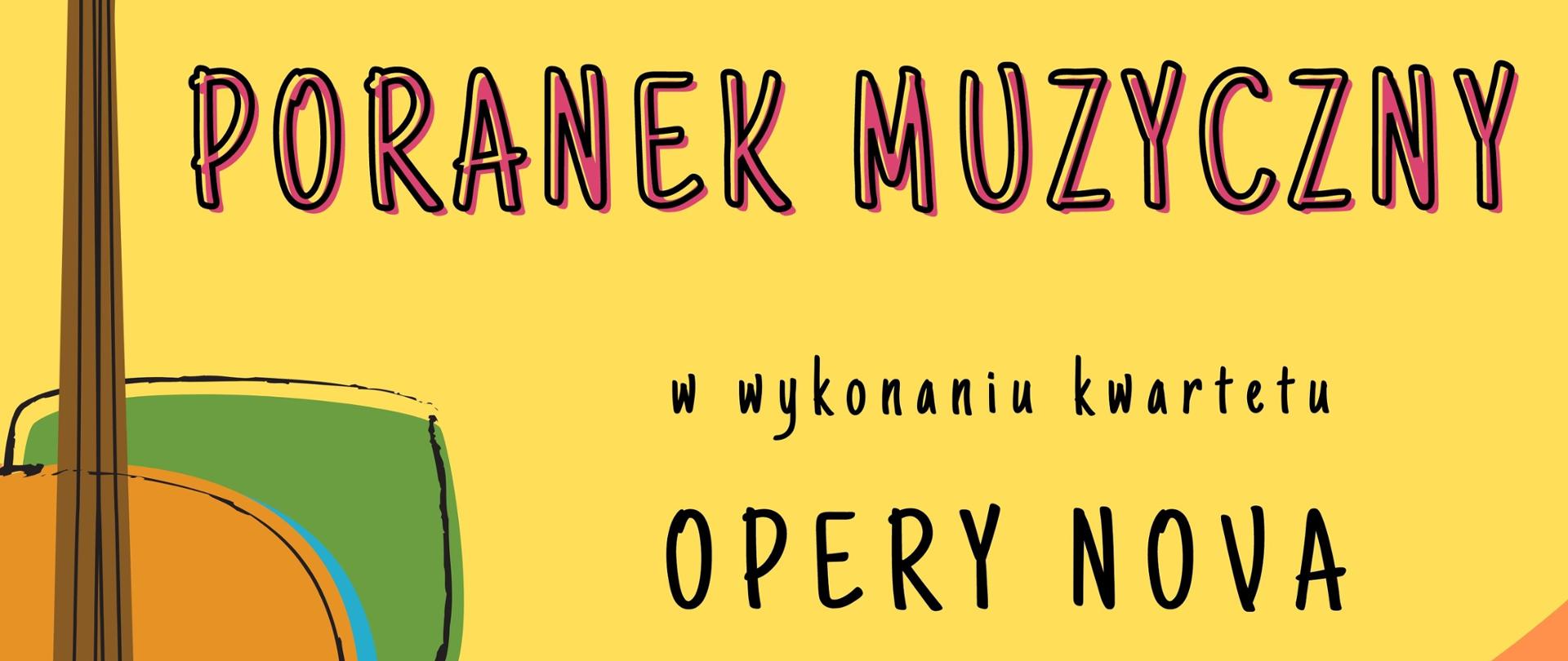 Kolorowa grafika - Po lewej stronie skrzypce. W centralnej i po prawej stronie tekst zapowiadający koncert.
