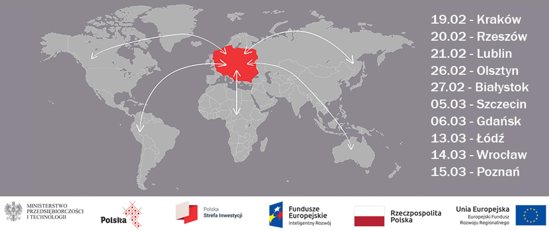 Mapa świata z zaznaczoną na czerwono Polską.
