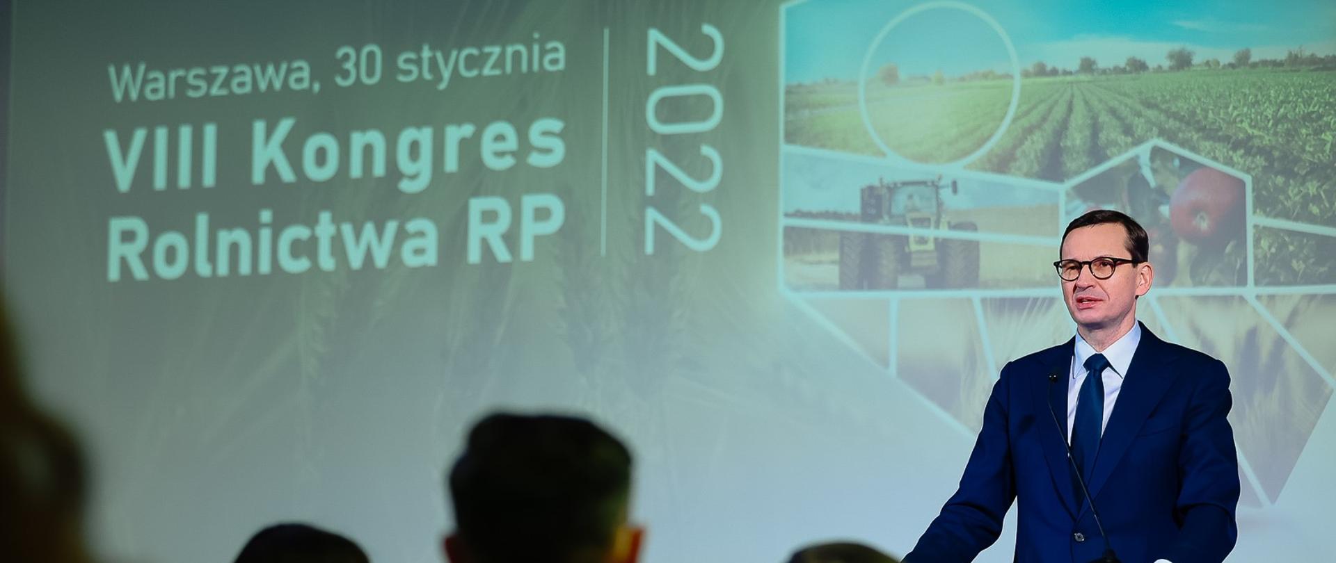 Premier Mateusz Morawiecki podczas wystąpienia na VIII Kongresie Rolnictwa RP 2022 r.w Warszawie