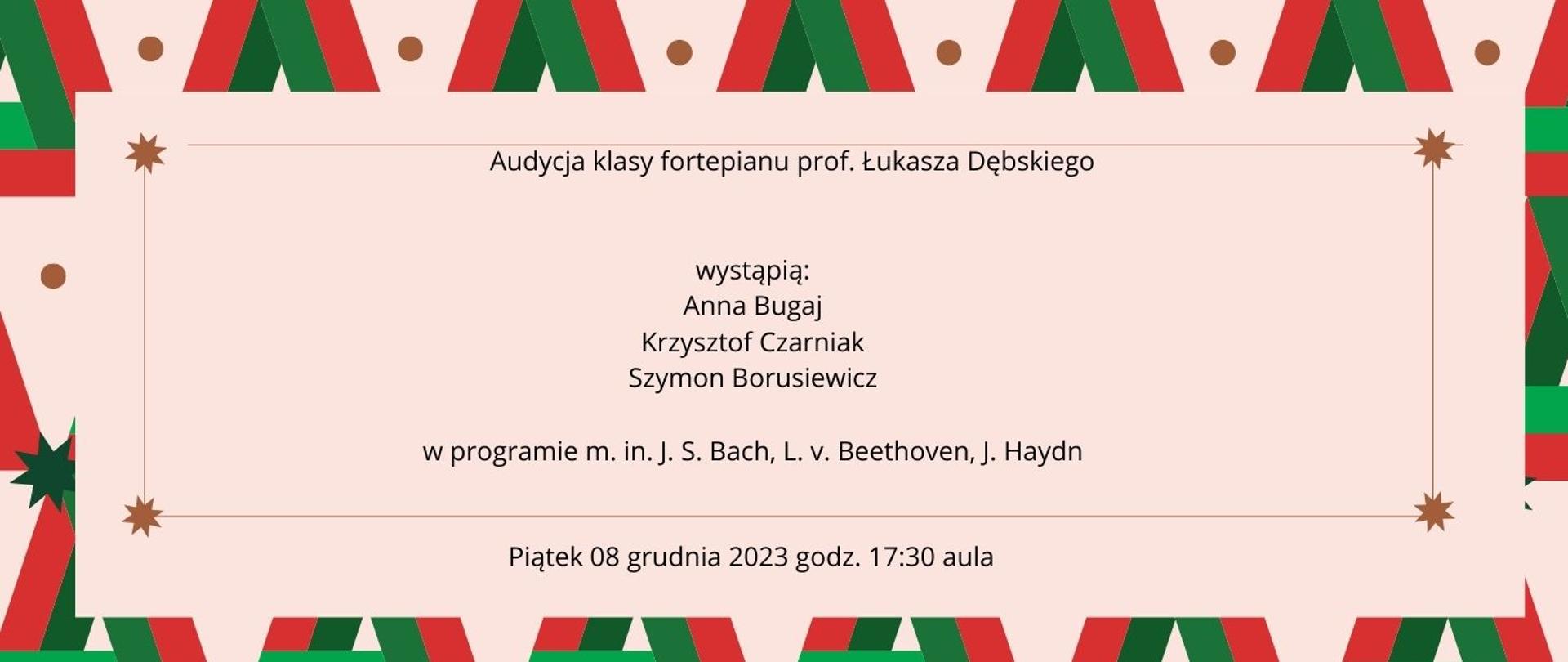 Audycja fortepianowa 08.12.2023 godz.17.30 -plakat tło beżowo świąteczne