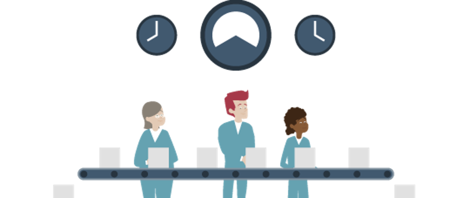 infografika przedstawiająca pracowników przy taśmie produkcyjnej