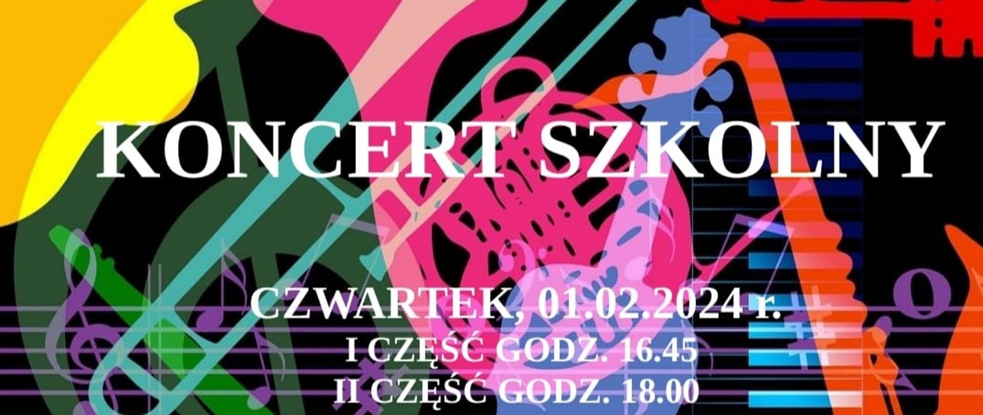 Plakat informujący o koncercie szkolnym 01 lutego 2024: I część 16:45, II część 18:00 AULA SZKOŁY