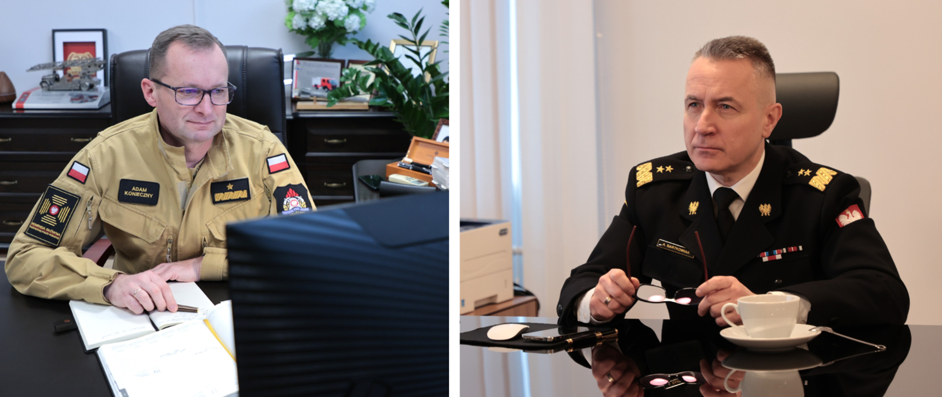 Komendant główny PSP oraz zastępca podczas łączenia w systemie wideokonferencji.