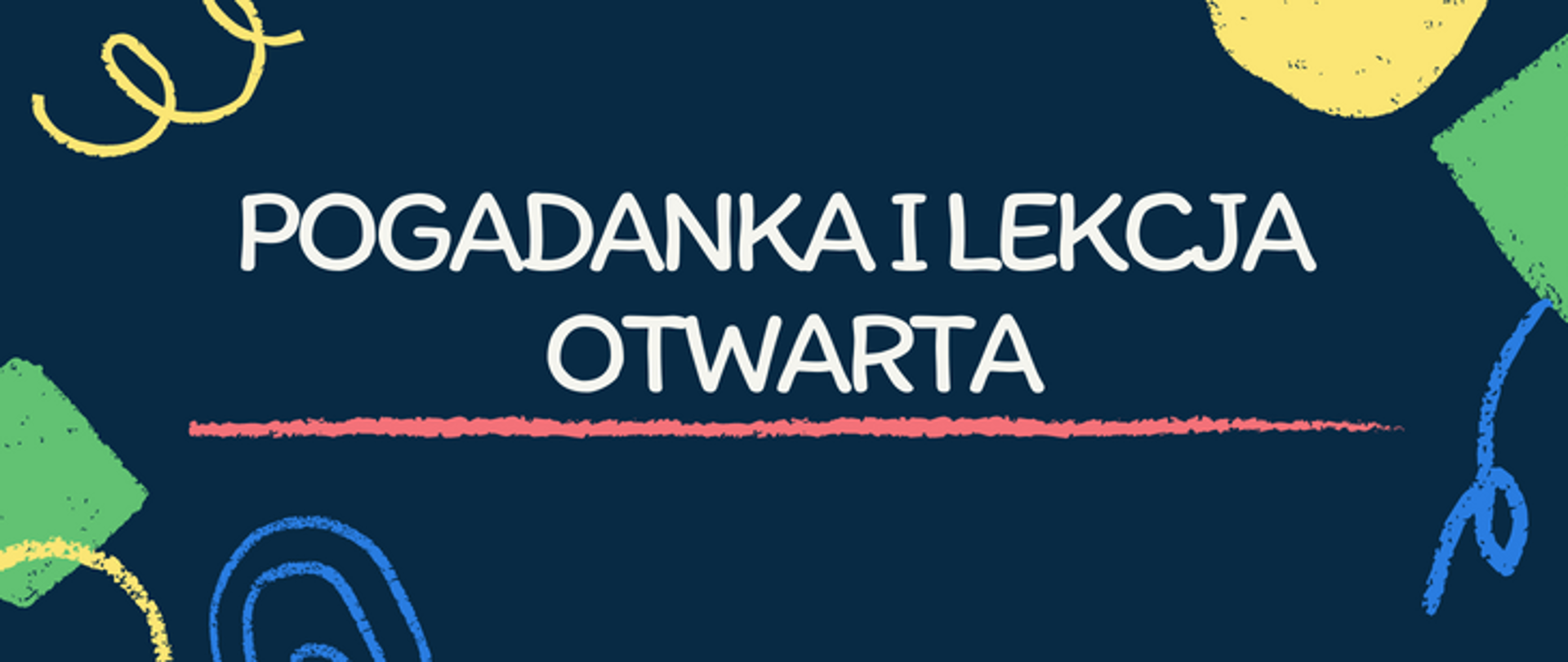 Plakat na granatowym tle. Na rogach plakatu kolorowe sprężynki i kolorowe figury geometryczne