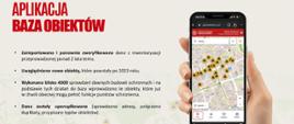 Grafika informacyjna o aplikacji „Baza Obiektów” z mapą punktów schronienia wyświetloną na ekranie smartfona oraz opisem aktualizacji danych obiektów ochronnych.