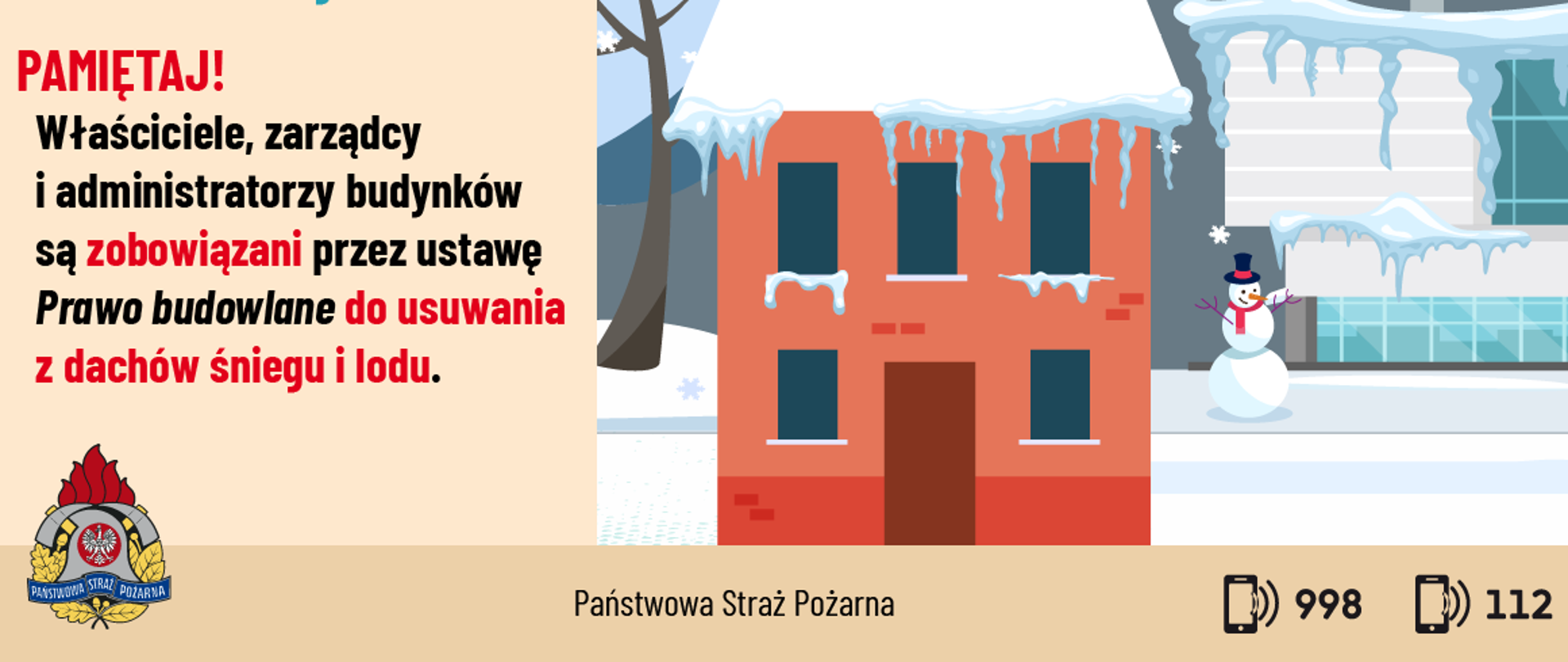 Grafika z ilustracją zaśnieżonego dachu domu i hasłem Odśnieżaj dach!