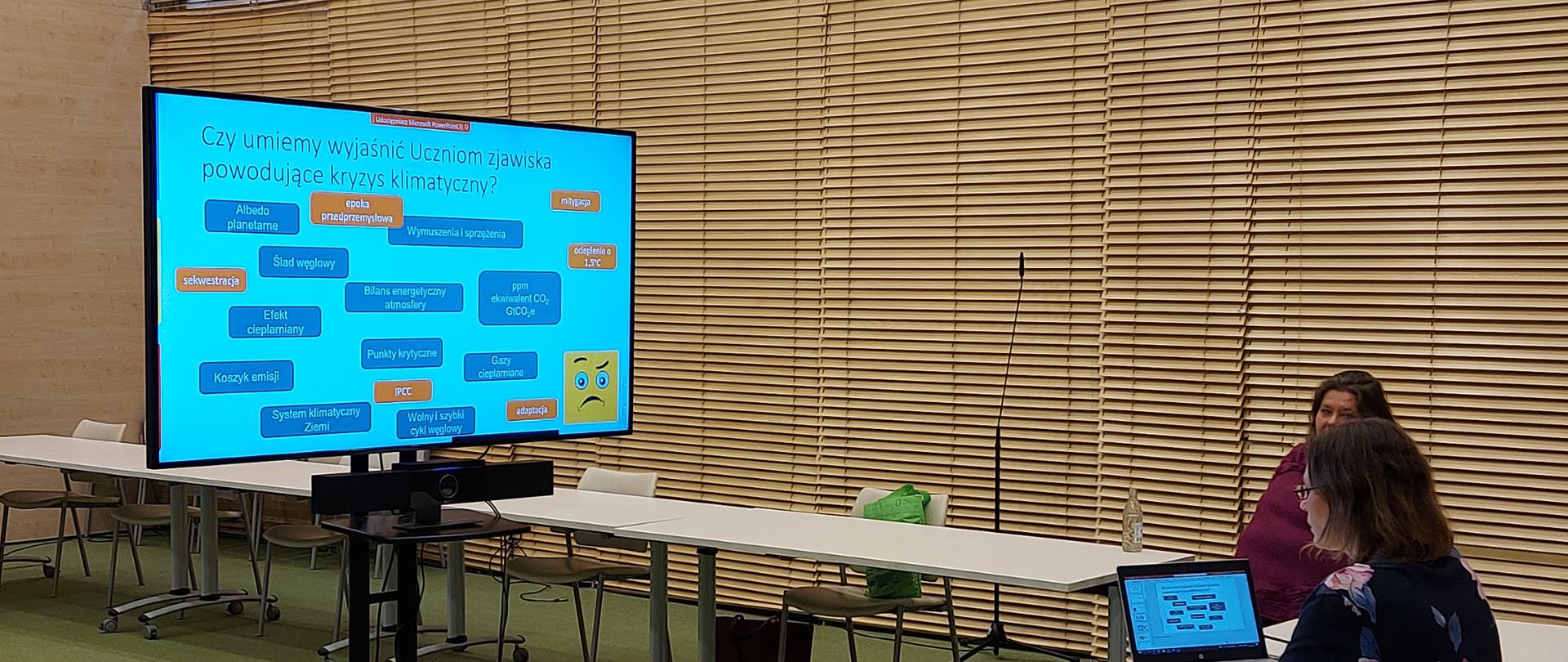 Ekran na stojaku przedstawiający wykres wykorzystywany podczas szkolenia dla nauczycieli "Jak uczyć o energii jądrowej"