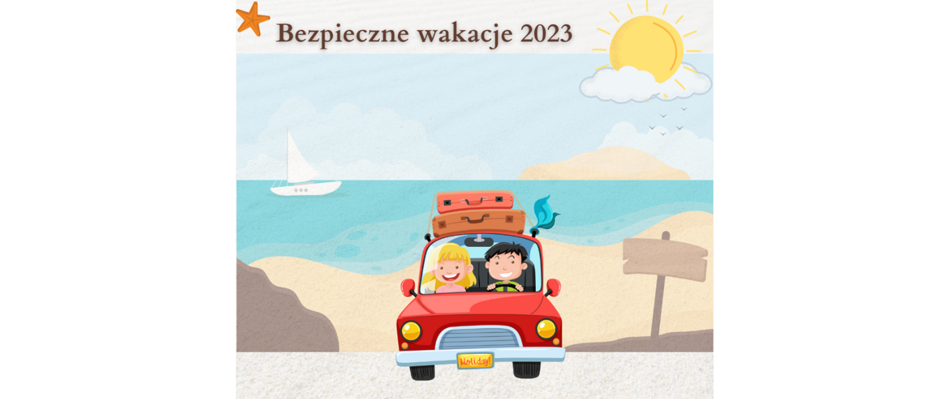 Grafika przedstawia parę w aucie wybierającą się na wakacje. W tle morze, plaża i łódka.