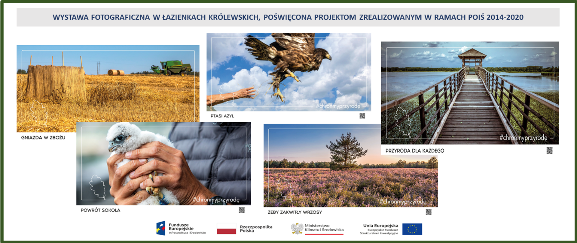 Kolaż zdjęć - wystawa w Łazienkach Królewskich, poświęcona projektom zrealizowanym w ramach POIŚ 2014-2020