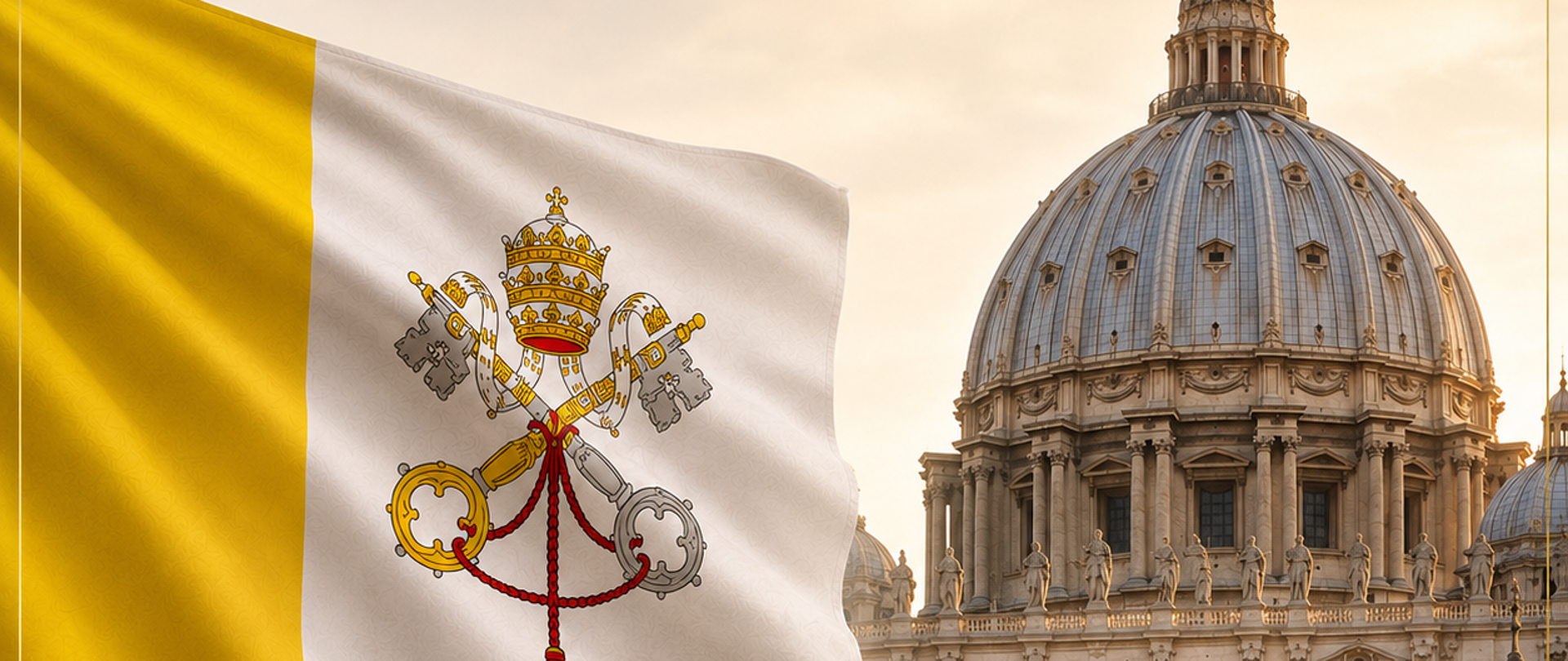 On the left side, the flag of the Holy See; on the right, the dome of St. Peter’s Basilica. At the top: the flag of Poland, the coat of arms of the Holy See, and the flag of Malta.