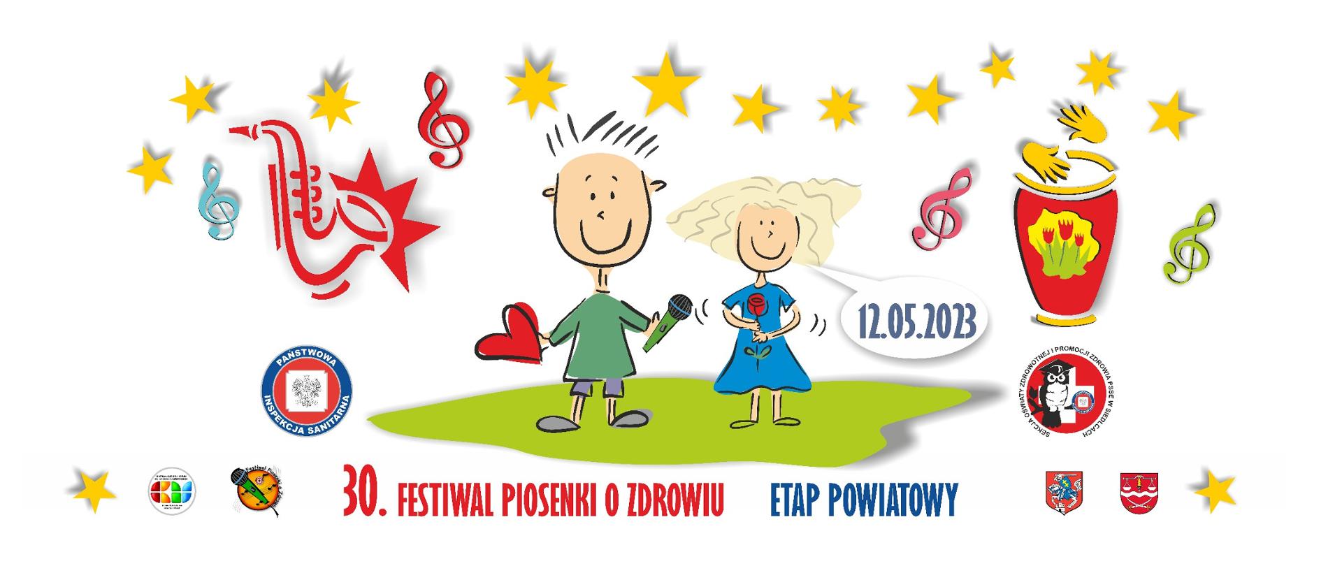 Rysunek chłopca i dziewczynki na trawce. Uśmiechnięty chłopiec trzyma w ręku mikrofon oraz serce, natomiast uśmiechnięta dziewczynka czerwoną różę. Postacie otoczone są gwiazdkami koloru żółtego oraz kluczami wiolinowymi.