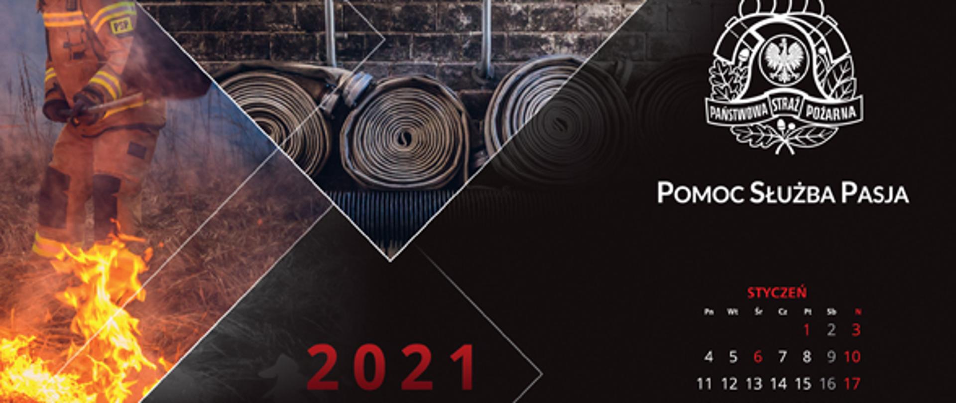 Plakat przedstawiający kalendarz z logotypem PSP, 12 miesięcy na jednej stronie 