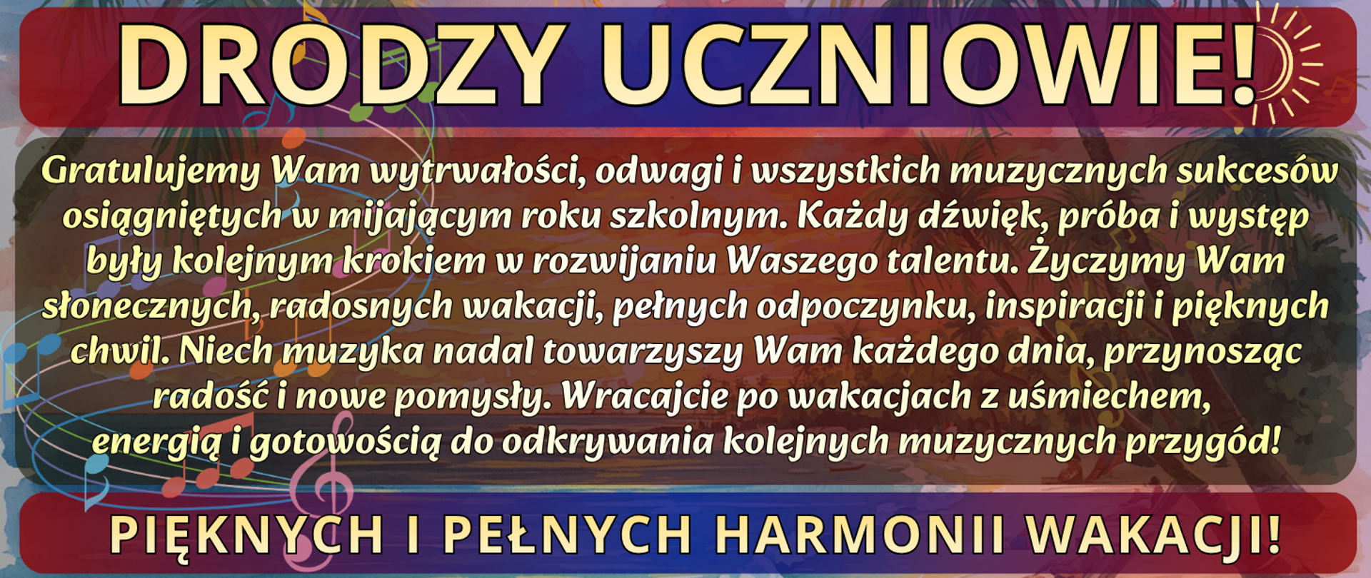 baner w tle plaża z palmami i nutami muzycznymi oraz życzenia
