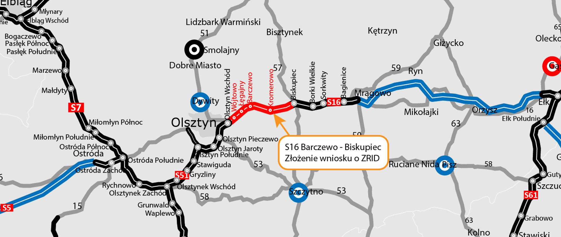 Mapa z naniesioną siecią dróg na terenie województwa warmińsko-mazurskiego. Kolorami oznaczono na czarno drogi istniejące, na czerwono w realizacji, na niebiesko w przygotowaniu. Na środku mapy w ramce ze strzałką wskazano S16 Barczewo-Biskupiec złożenie wniosku ZRID.