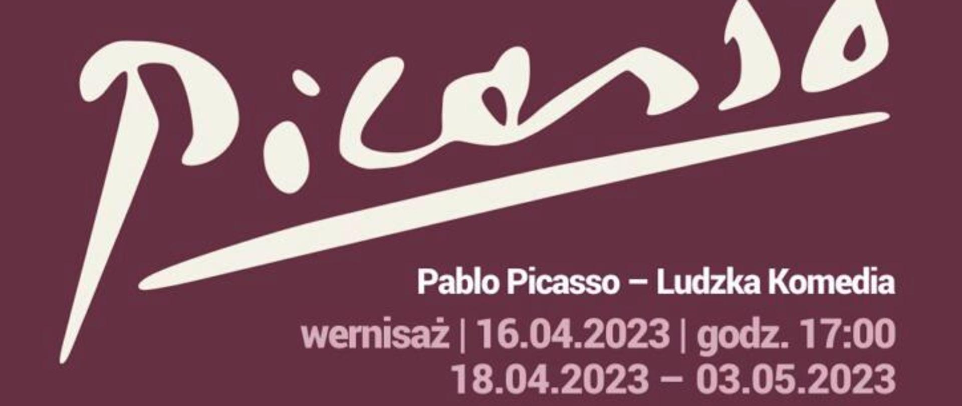 Grafika - afisz. Tło bordowe. W górne j części grafika Picassa. Poniżej napisy: Picasso Pablo Picasso wernisaż 16.04.2023 godz. 17.00 18.04.2023 - 03.05.2023 Galeria Sztuki Hanny Bakuły "NoBA!" przy ul. Rynek 2 w Prudniku. Na samym dole na białym tle loga instytucji wspierających organizację wernisażu.