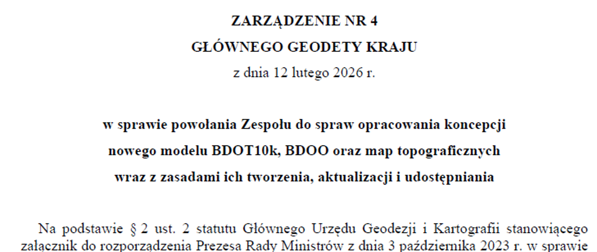 ilustracja przedstawia fragment zarządzenia GGK nr 4 z 2026 r. powołującego zespół ds. aktualizacji BDOT10k