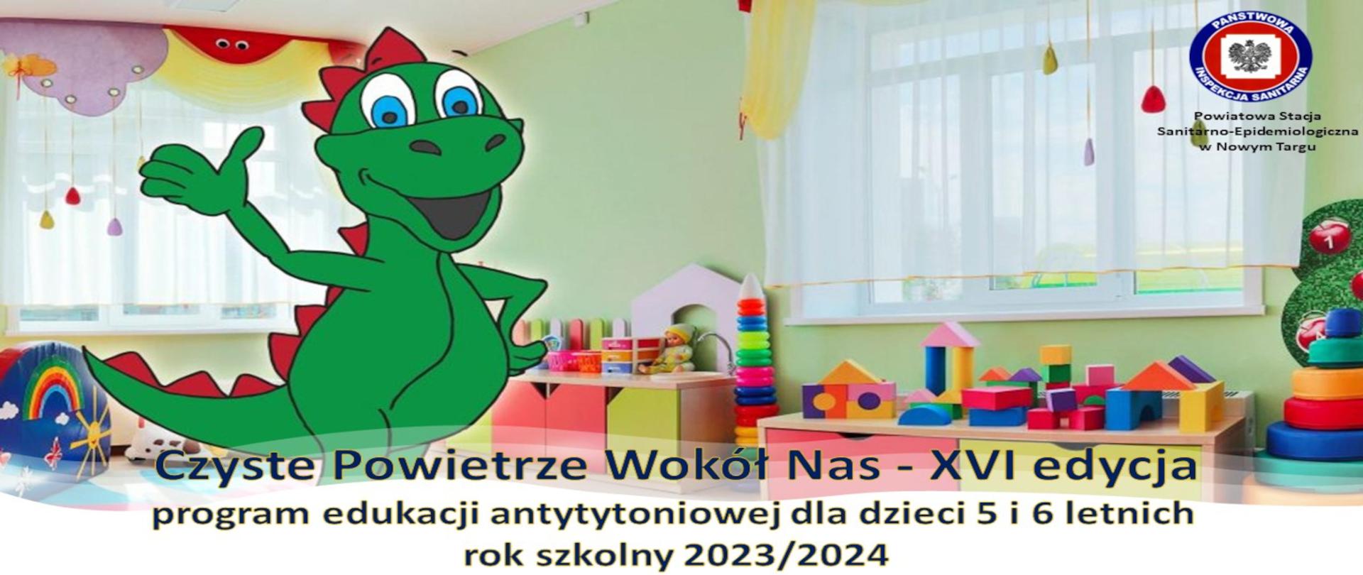 Zielony dinozaur w szkolnej sali