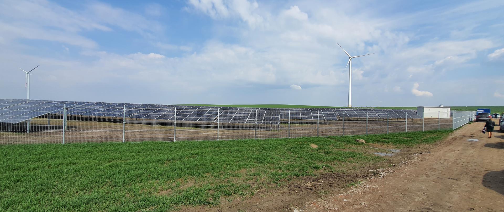 Zdjęcie przedstawia ogrodzony siatką obiekt elektrowni słonecznej. Za ogrodzeniem w rządach stoją na ziemi panele fotowoltaiczne (ciemne płyty). W tle błękitne niebo i dwie białe turbiny wiatrowe.