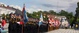 Strażacy stoją ustawieni jeden obok drugiego w długim szeregu. Na końcu widać sztandary. 