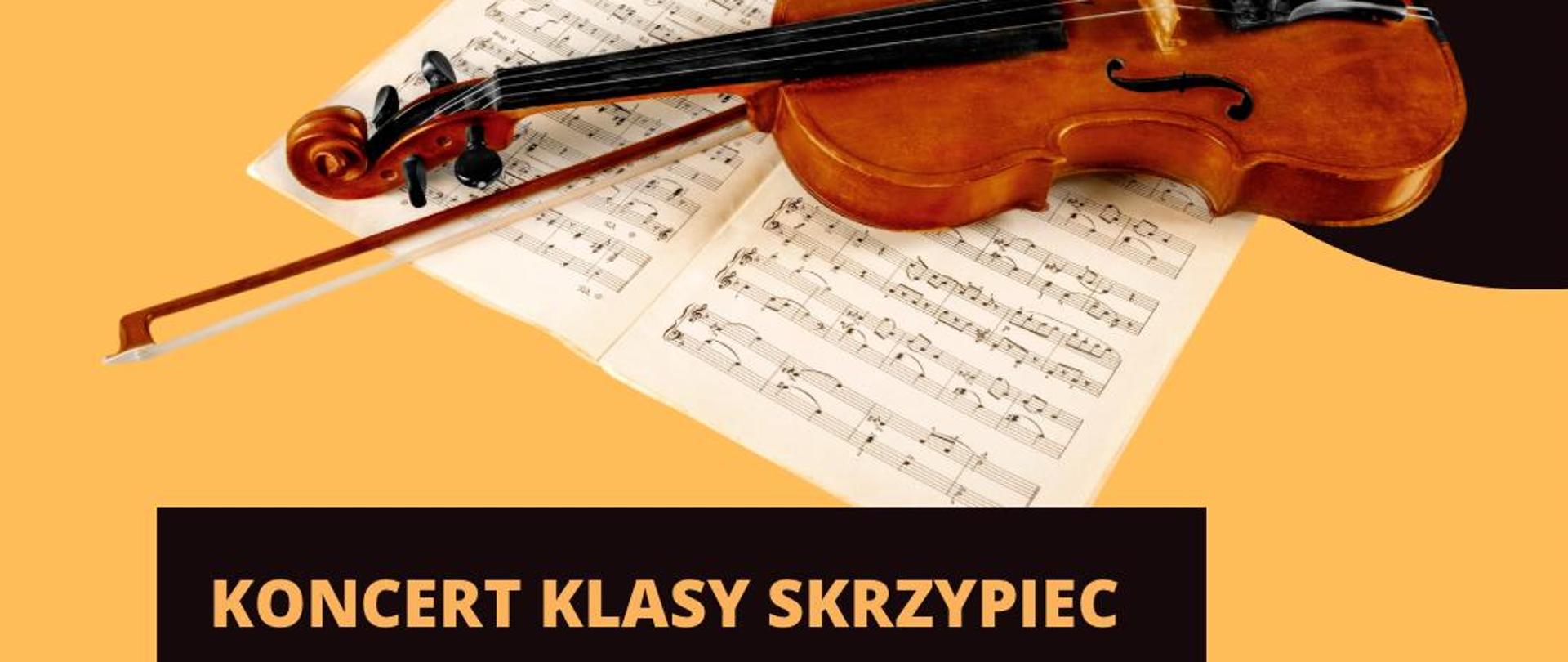 Plakat, którego tło jest w kolorze brzoskwiniowym z dwoma czarnymi prostokątami oraz częściowo ukazanymi kołami, które znajdują się w narożnikach. W górnej części plakatu znajduje się zdjęcie przedstawiające skrzypce oraz smyczek, które leżą na nutach. Na plakacie znajdują się informacje dotyczące koncertu uczniów klasy skrzypiec, który odbędzie się 2.12.2025 roku o godzinie 18:30 w sali kameralnej. 