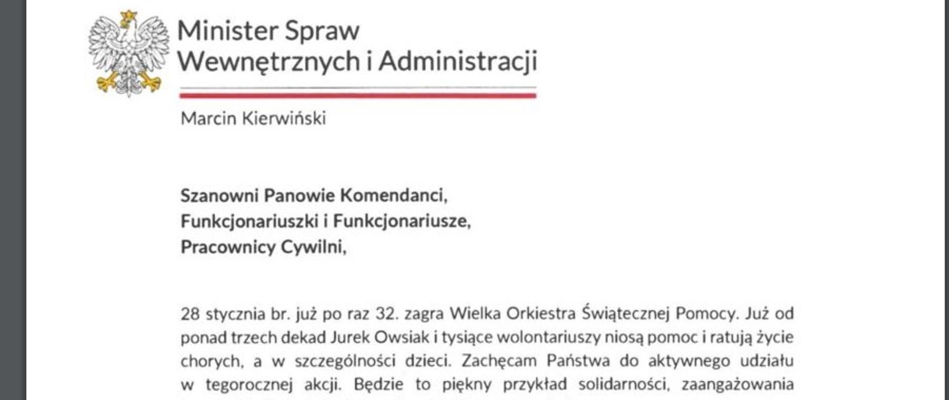 List MSWiA w sprawie 32-ego finału WOŚP