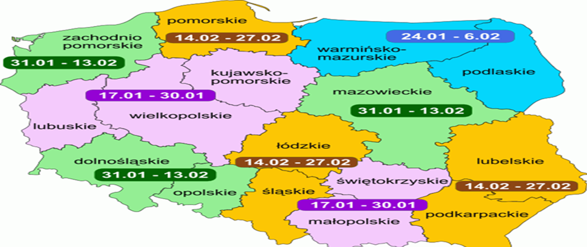Na tle mapy Polski w konturach wszystkich województw wpisano termin ferii zimowych 2022