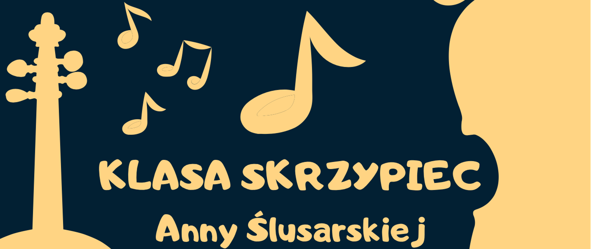 plakat z granatowym tłem, od góry po bokach skrzypce, nutki w kolorze pomarańczowym, poniżej informacje o koncercie
