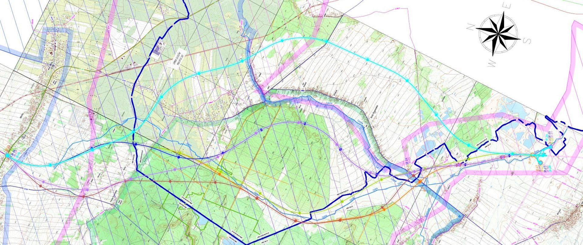 Mapa z wariantami nowego przebiegu DK9 odc. Widełka - A4 Rzeszów Zachód