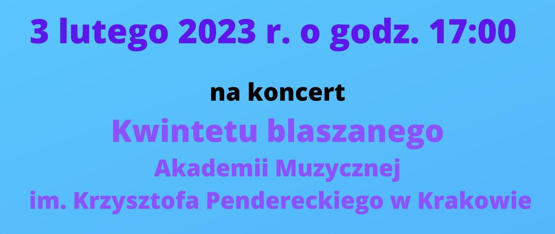 Plakat informujący o koncercie Kwintetu Dętego Akademii Muzycznej w Krakowie, na niebieskim tle informacje i program, na dole grafika przedstawiająca puzon, saksofon i trąbkę