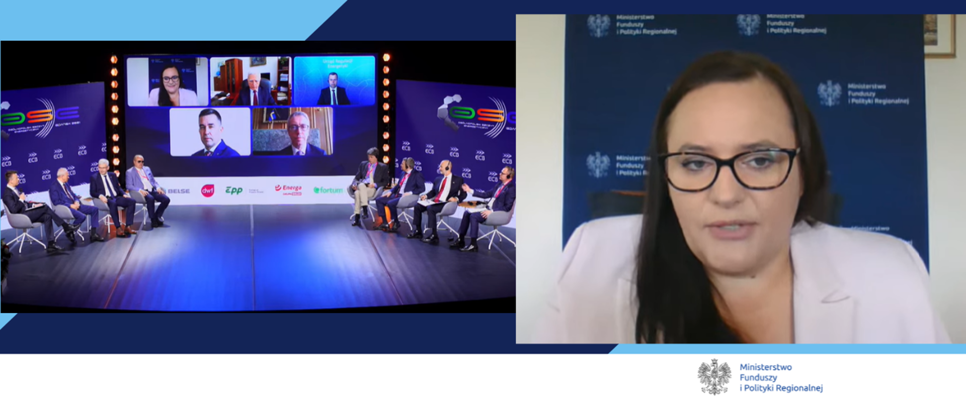 Na zdjęciu ośmiu prelegentów siedzących na krzesłach z prawej i lewej strony w studio. Na środku ekran z pięcioma prelegentami łączącymi się zdalnie.