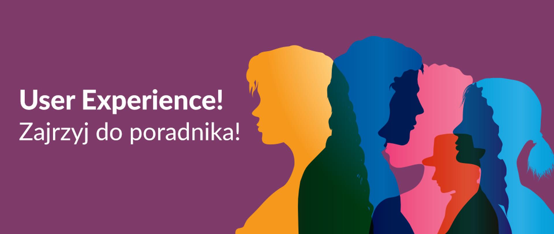 Baner z napisem: User Experience! Zajrzyj do poradnika! Obok napisu kolorowe sylwetki kobiet i mężczyzn.