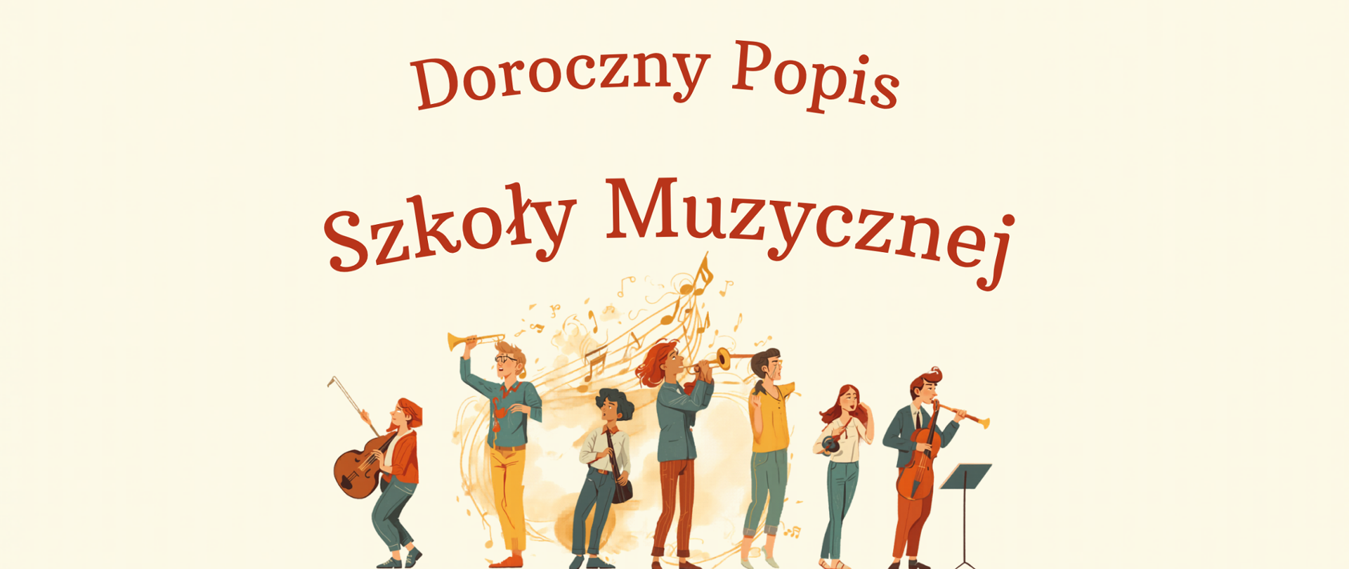 Grafika na jasnokremowym tle przedstawia grupę siedmiu muzyków grających na różnych instrumentach. U góry znajduje się napis w języku polskim: "Doroczny Popis Szkoły Muzycznej".
Artyści są przedstawieni w różnych pozach, tworząc dynamiczną kompozycję. Po lewej stronie widzimy osobę grającą na kontrabasie. Obok niej stoi mężczyzna z trąbką wzniesioną do góry. W centrum grupy znajduje się postać z gitarą, a za nią kolejna osoba grająca na instrumencie dętym. Dalej na prawo widać muzyka z fletem, a obok niego śpiewaczkę. Całość zamyka postać grająca na wiolonczeli, siedząca przed nutami na pulpicie.
Tło za muzykami zdobią subtelne, artystyczne smugi i linie, przypominające zapis nutowy i abstrakcyjne formy muzyczne. Kolorystyka grafiki jest stonowana, z przewagą ciepłych odcieni brązu, żółci i błękitu, co nadaje jej przyjazny i zachęcający charakter.