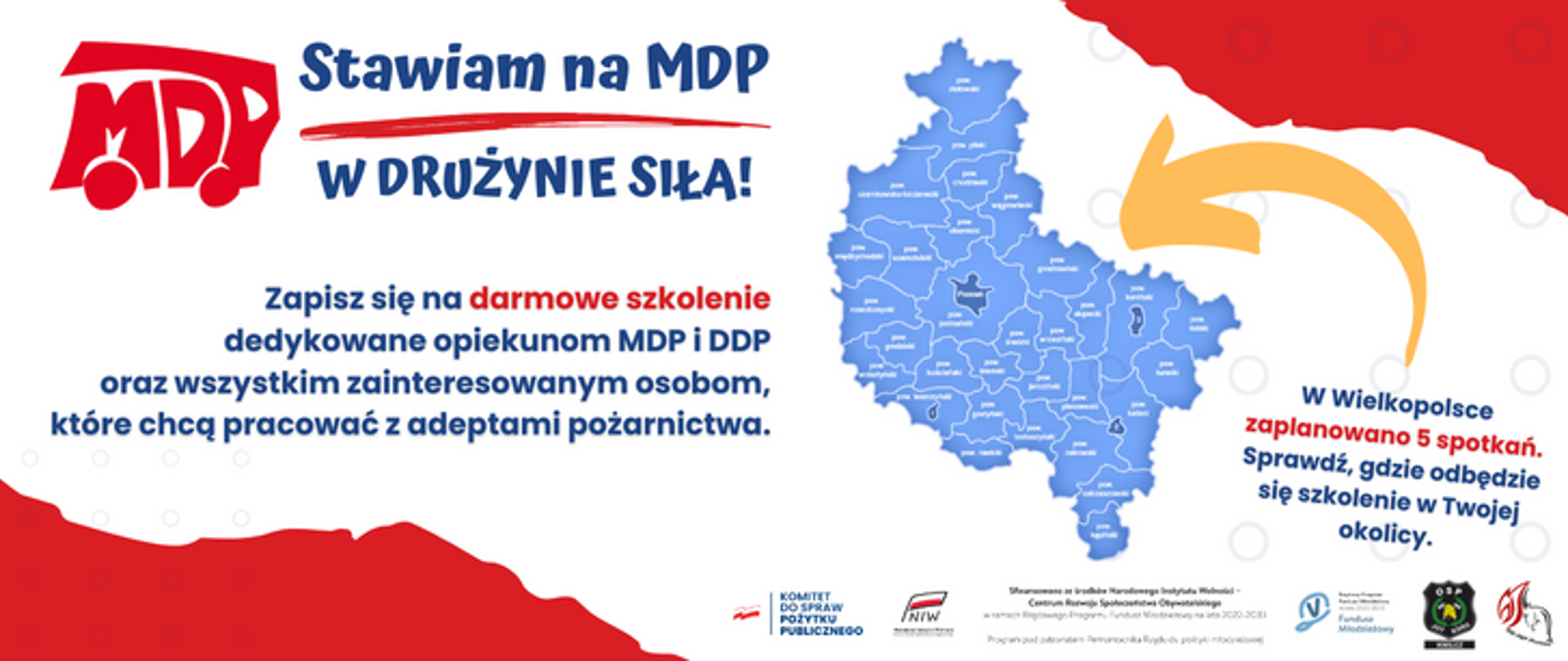 Baner przedstawiający mapę polski oraz hasła o darmowych szkoleniach dedykowanych opiekunom MDP i DDP.