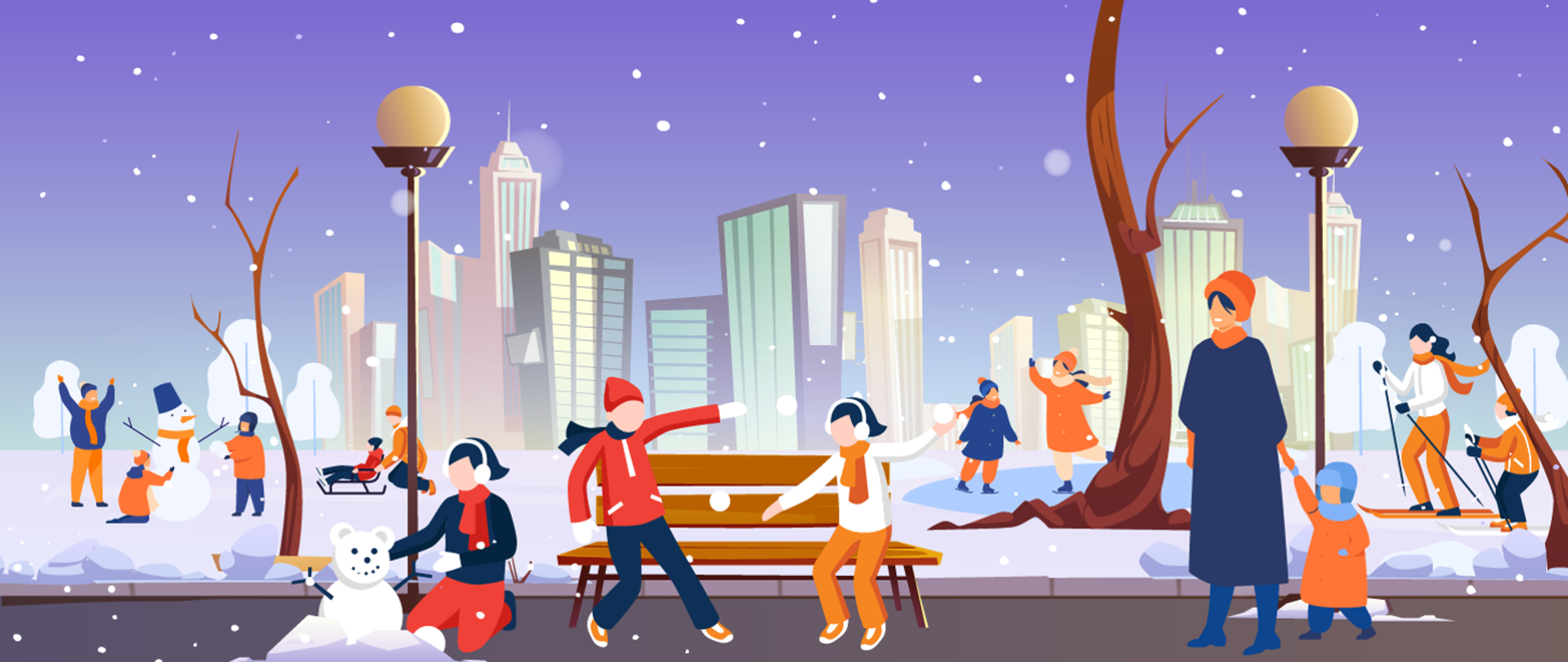 Dzieci dorosłymi bawią się na śniegu, lepią bałwana, jeżdżą na sankach, jeżdżą na nartach, rzucają się śnieżkami. 