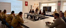 Zdjęcie zrobione wewnątrz pomieszczenia. Widoczni strażacy siedzący na spotkaniu. Podczas zajęć prowadzonych na sali. Spotkanie podczas ćwiczeń i prelekcji.