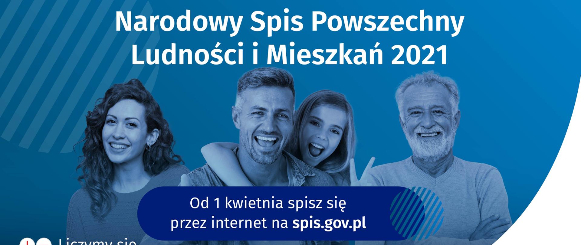 Banner informacyjny o Narodowym Spisie Powszechnym, osoby na niebieskim tle, napis "wejdź na spis.gov.pl i spisz się! Spis trwa od 1 kwietnia",