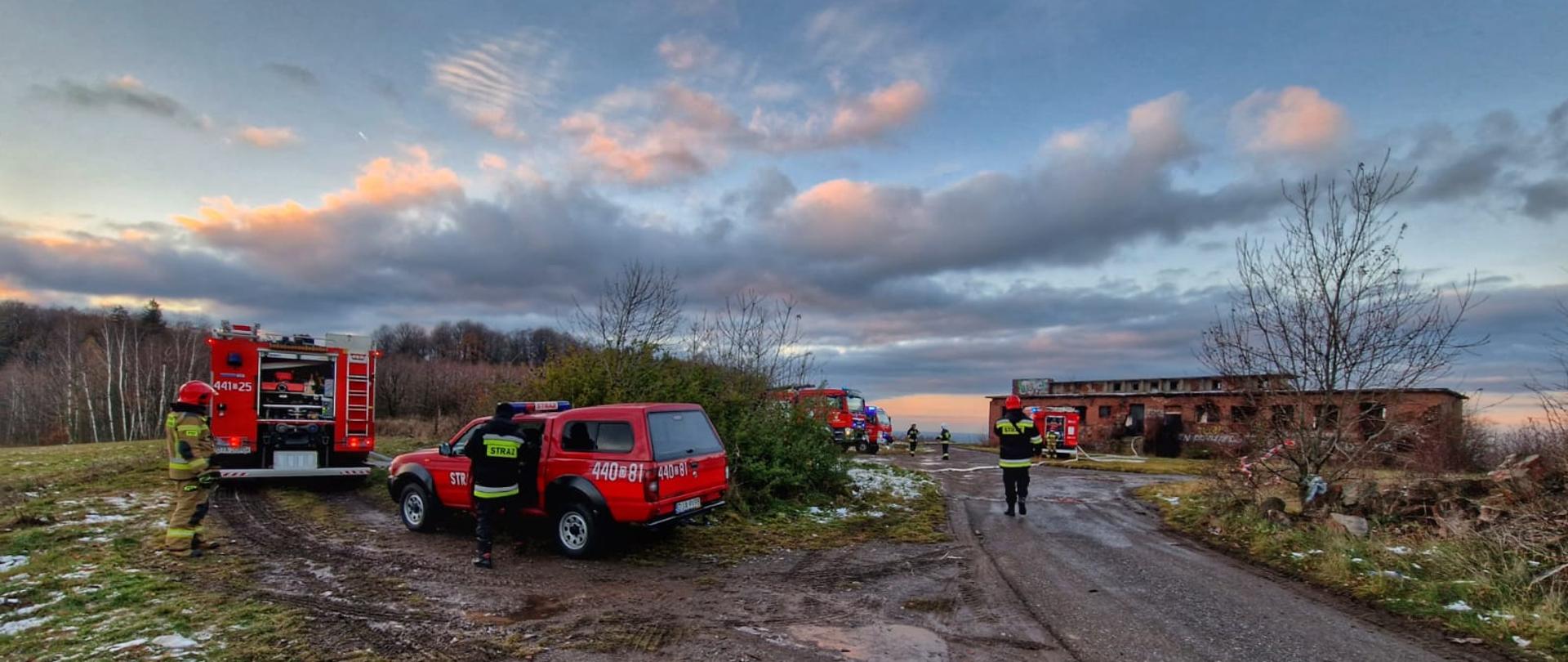 Obraz przedstawia strażaków podczas działań gaśniczych przy pożarze w budynku radiostacji. Widoczne pojazdy pożarnicze i strażacy. W oddali budynek radiostacji. Po lewej stronie las. Pora popołudniowa.