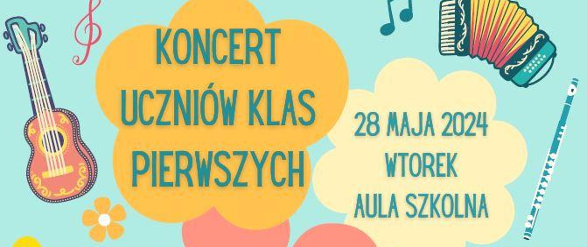 Plakat na kolorowym tle z grafika różnych instrumentów oraz informacją dot. Koncert klas pierwszych pt. "Muzyczne Debiuty" - 28 maja 2024