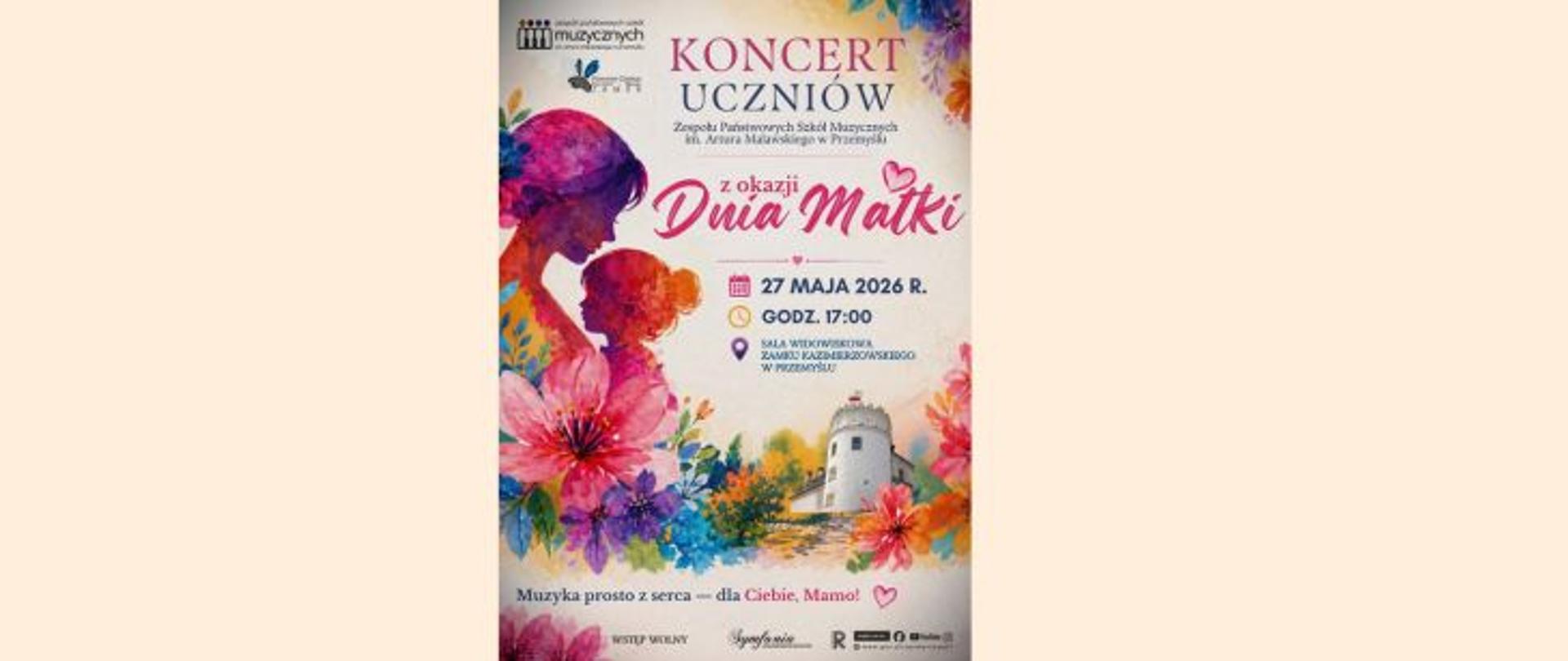 Plakat ma charakterystyczną, bardzo malarską szatę graficzną w ciepłych odcieniach różu, pomarańczu i błękitu, ozdobioną motywami kwiatowymi przypominającymi akwarele. Zaprasza on na „KONCERT UCZNIÓW Zespołu Państwowych Szkół Muzycznych im. Artura Malawskiego w Przemyślu z okazji Dnia Matki”.
W lewej części plakatu widoczny jest artystyczny, kolorowy profil spoglądającej w dół matki, która tuli do siebie małe dziecko. Poniżej oraz w prawym dolnym rogu kompozycję dopełniają duże, barwne kwiaty. W tle, po prawej stronie, wkomponowano grafikę przedstawiającą białą wieżę Zamku Kazimierzowskiego w Przemyślu.
Główny tytuł wydarzenia umieszczono u góry. Słowa „KONCERT UCZNIÓW” zapisano elegancką, bordową czcionką szeryfową, natomiast dopisek „z okazji Dnia Matki” wyróżniono ozdobnym, różowym pismem odręcznym z motywem małych serduszek.
W centralnej części, obok ikon kalendarza, zegara i pinezki, znajdują się szczegóły organizacyjne: wydarzenie zaplanowano na 27 maja 2026 r. o godz. 17:00 w Sali Widowiskowej Zamku Kazimierzowskiego w Przemyślu. Pod informacjami widnieje hasło: „Muzyka prosto z serca – dla Ciebie, Mamo!” z dopisanym serduszkiem.
W dolnym i górnym pasie plakatu umieszczono logotypy organizatorów i partnerów. Na samej górze po lewej znajduje się logo Zespołu Państwowych Szkół Muzycznych w Przemyślu oraz logo Centrum Kulturalnego w Przemyślu. Na dole widnieje napis „WSTĘP WOLNY”, logotypy „Symfonia Towarzystwo Muzyczne”, litera „R” oraz odnośniki do mediów społecznościowych szkoły.
