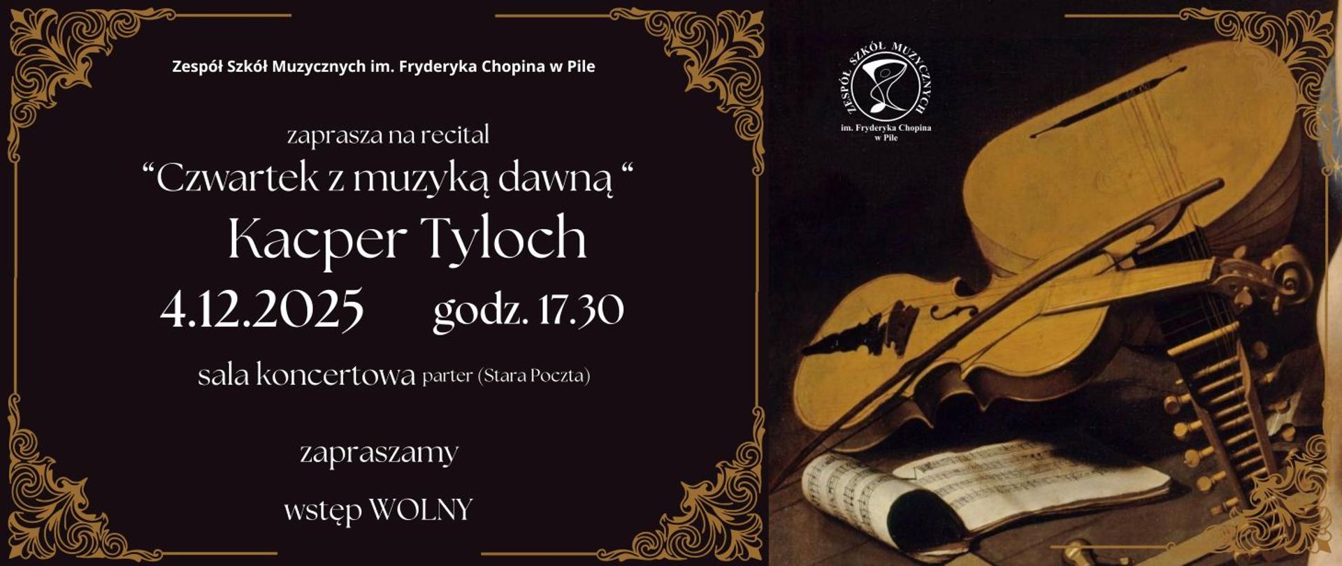 Na ciemnym brązowym tle znajdują się napisy oraz złota ramka z ornamentami. Po prawej stronie leżą jasno­brązowe skrzypce i teorba, a pod nimi otwarty zeszyt z nutami.