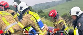 Na zdjęciu znajdują się strażacy wchodzących przy pomocy lin po skarpie, którzy transportują poszkodowanego na noszach. W tle widać pola