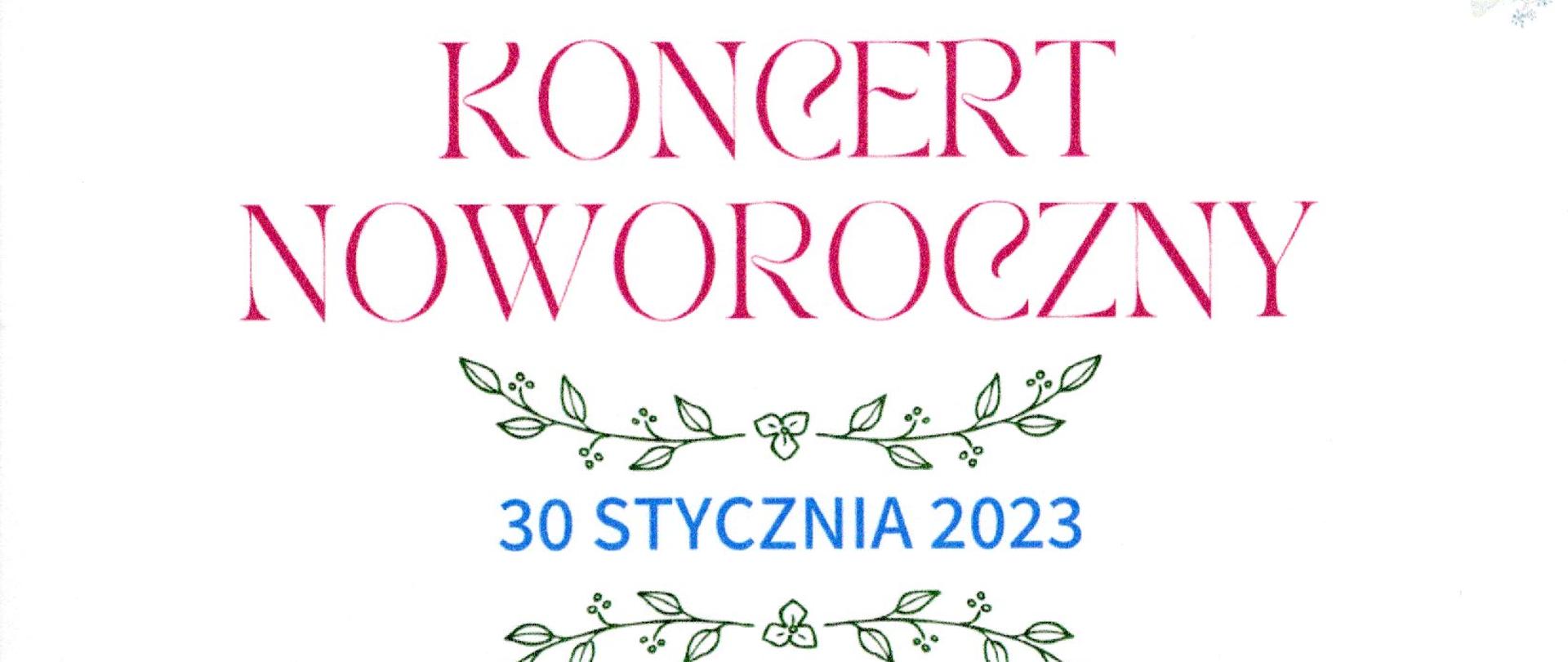 Zdjęcie przedstawia grafikę roślinną świąteczną oraz informacje o Koncercie Noworocznym Państwowej Szkoły Muzycznej I stopnia w Lubinie