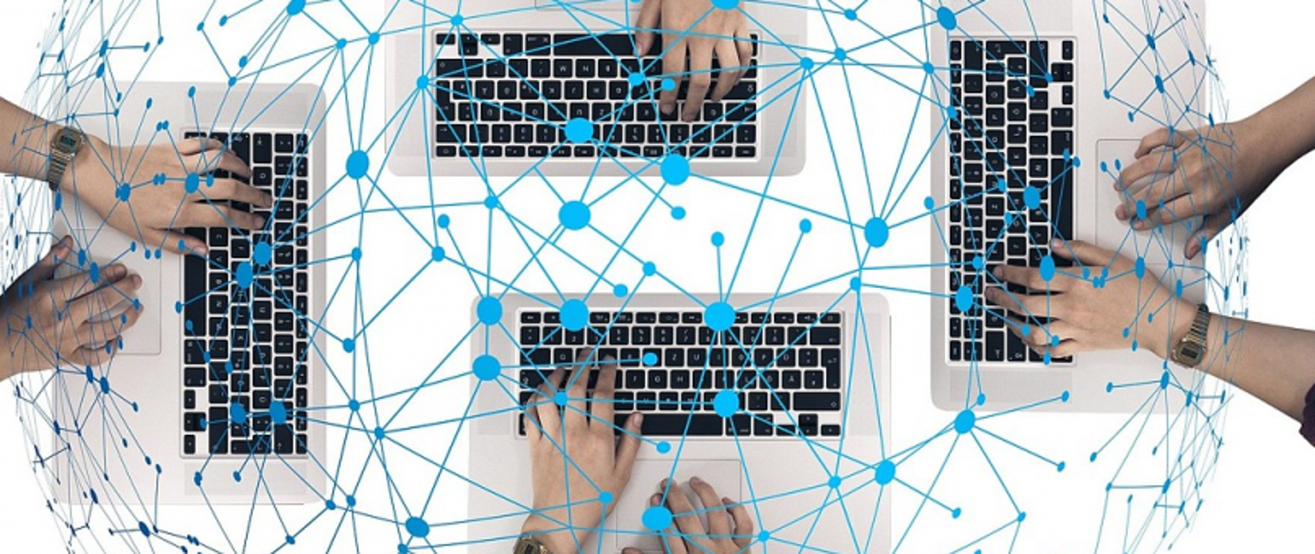 Widok z góry na kilka osób piszących na laptopach