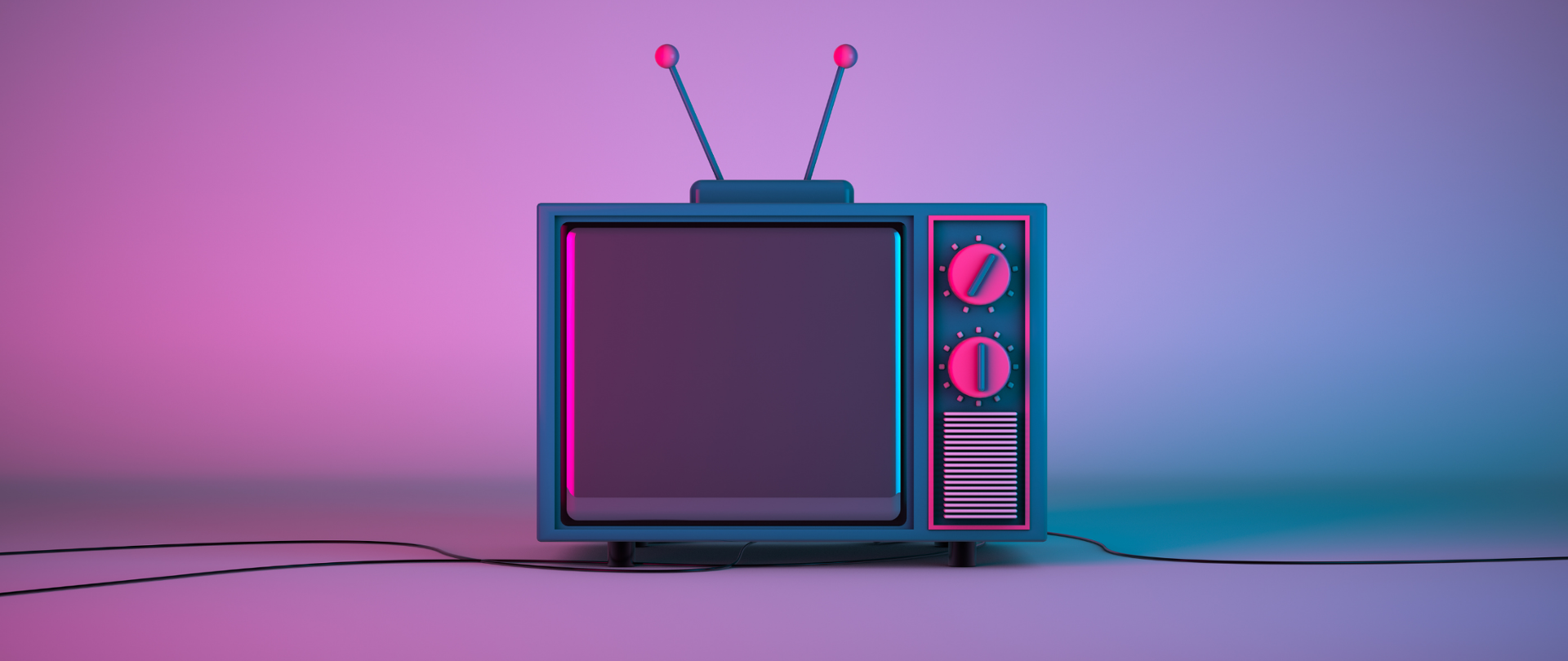 Odbiornik telewizyjny starego typu - całość tło i odbiornik w niebiesko-różowych kolorach.