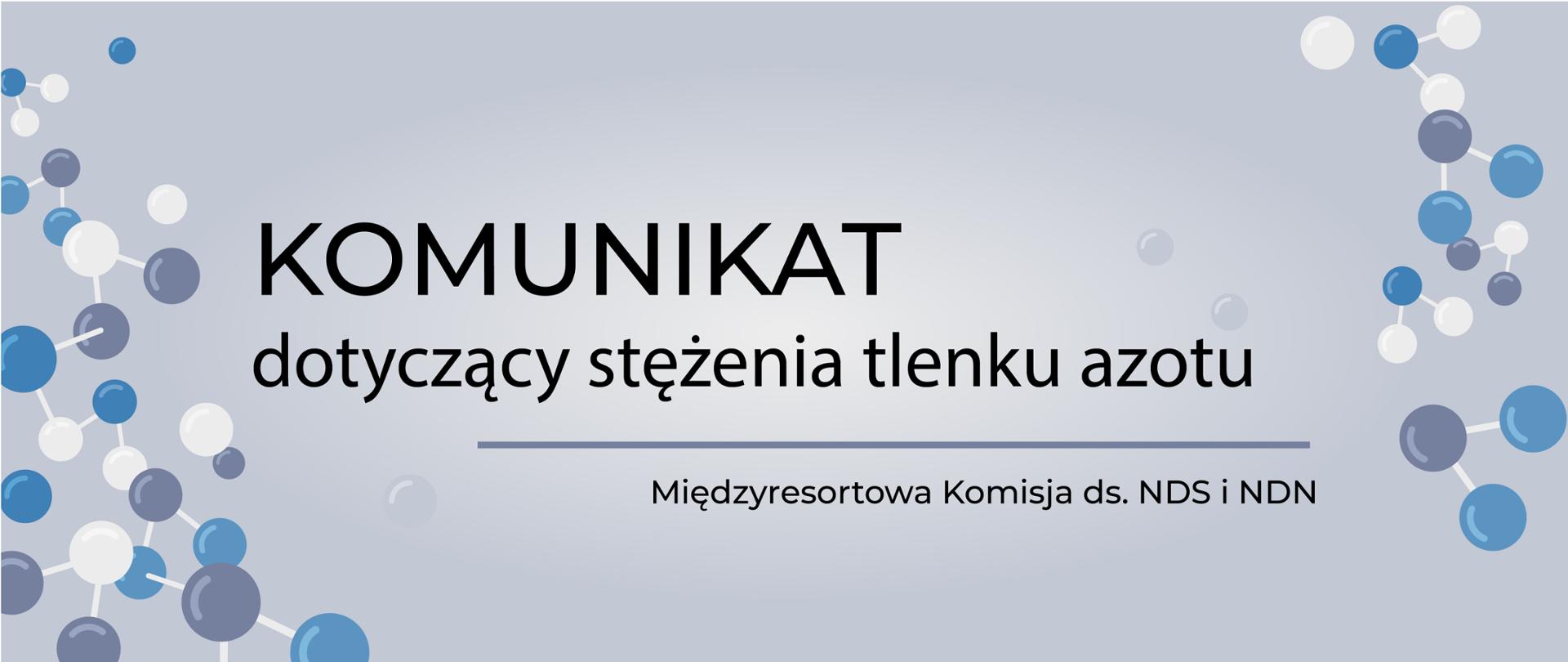 Obraz przedstawiający modele wzorów chemicznych, na środku napis: Komunikat dotyczący stężenia tlenku azotu, Międzyresortowa Komisja ds. NDS i NDN