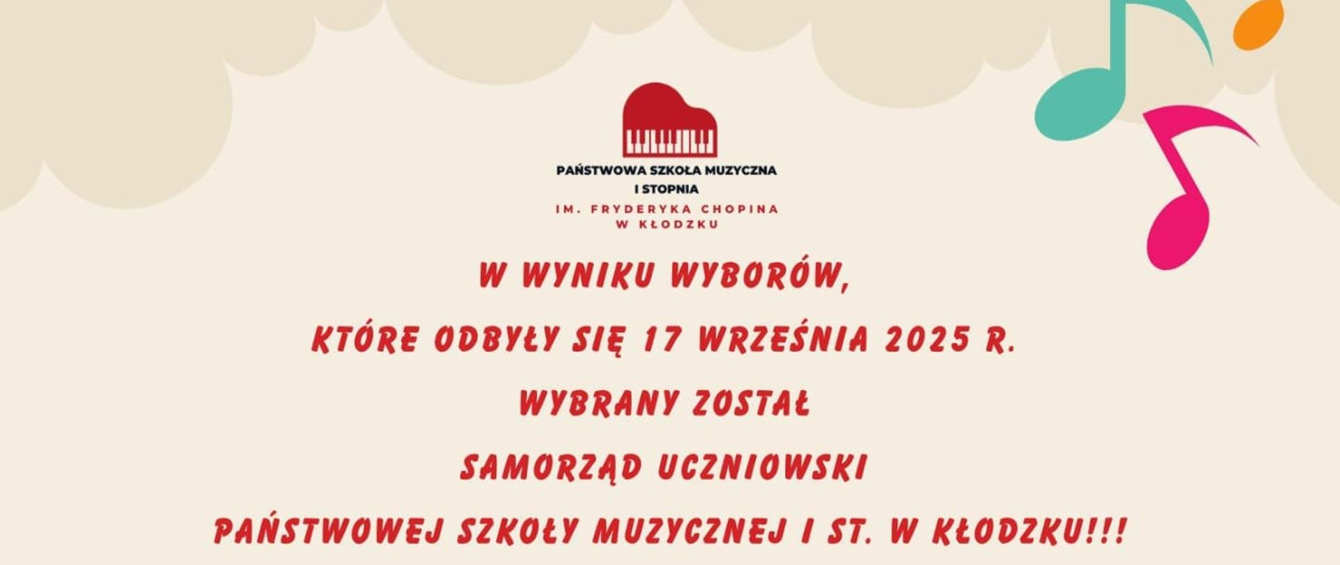 Plakat na jasnym tle z informacją tekstową dotyczącą wyników wyborów do samorządu uczniowskiego, które odbyły się 17 września w szkole muzycznej w Kłodzku
