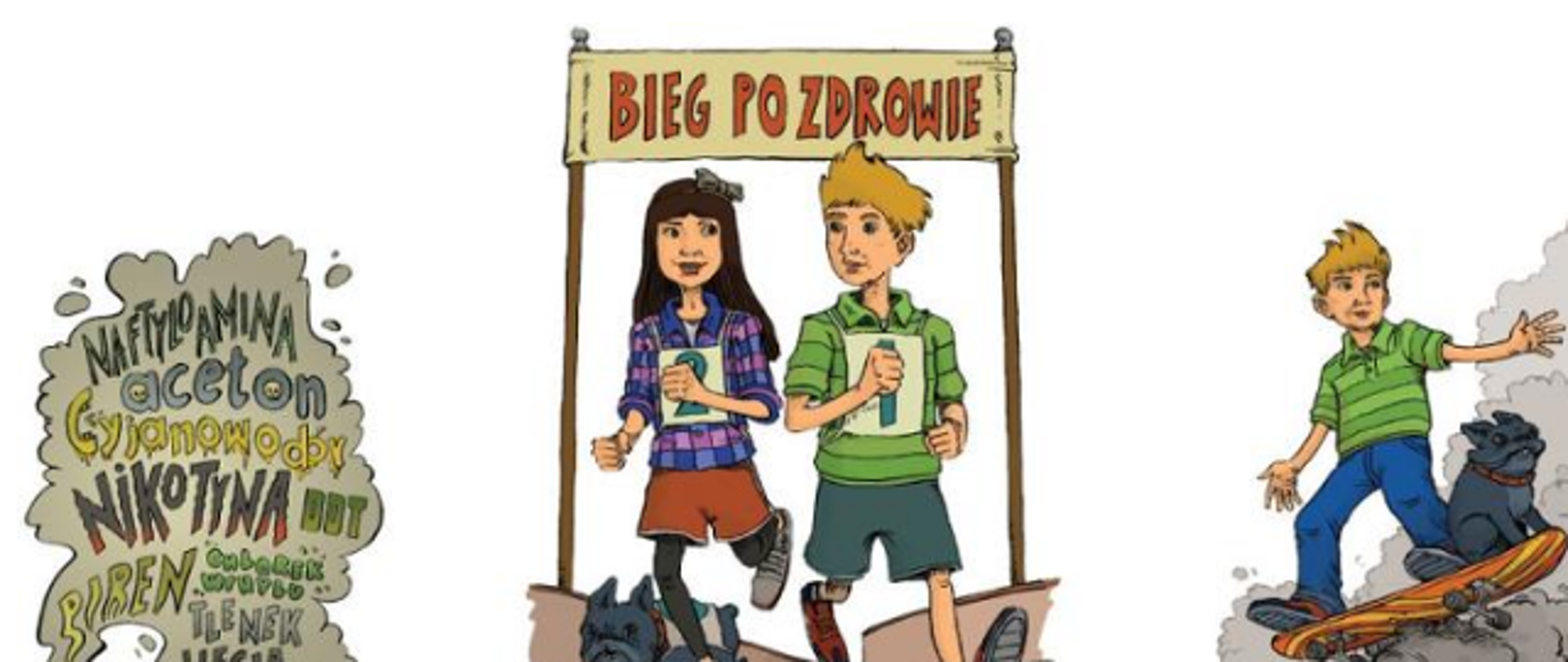 dziewczynka i chłopiec biegną pod napisem programu antytytoniowego "Bieg po zdrowie"