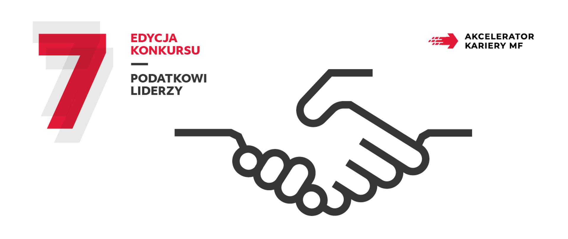 Napisy 7 edycja konkursu „Podatkowi liderzy” i akcelerator kariery MF; dwie splecione dłonie.